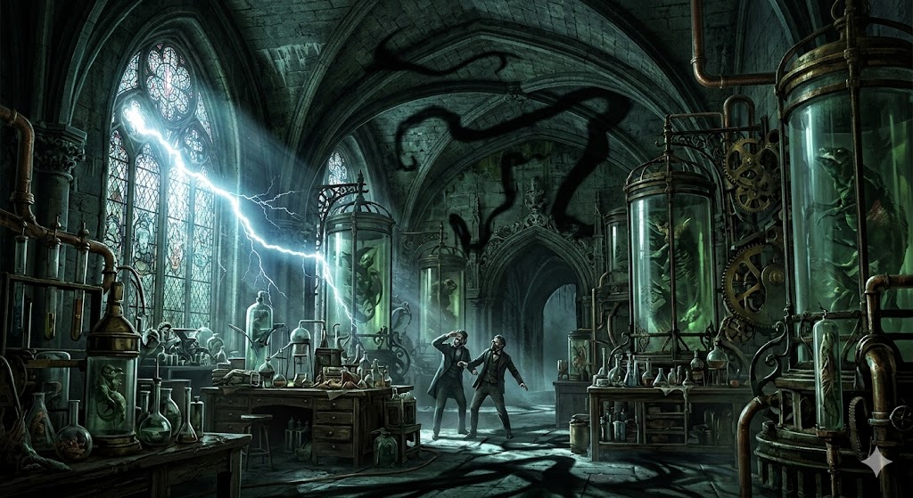 넷플릭스 영화 프랑켄슈타인의 배경이 되는 빅터의 어둡고 거대한 실험실에서 번개가 치는 순간 기계 장치들이 빛을 발하는 웅장한 장면