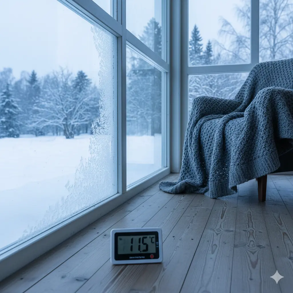 보온시트 설치 전 베란다 바닥 온도가 낮게 표시된 온도계와 차가운 유리창이 함께 보이는 장면