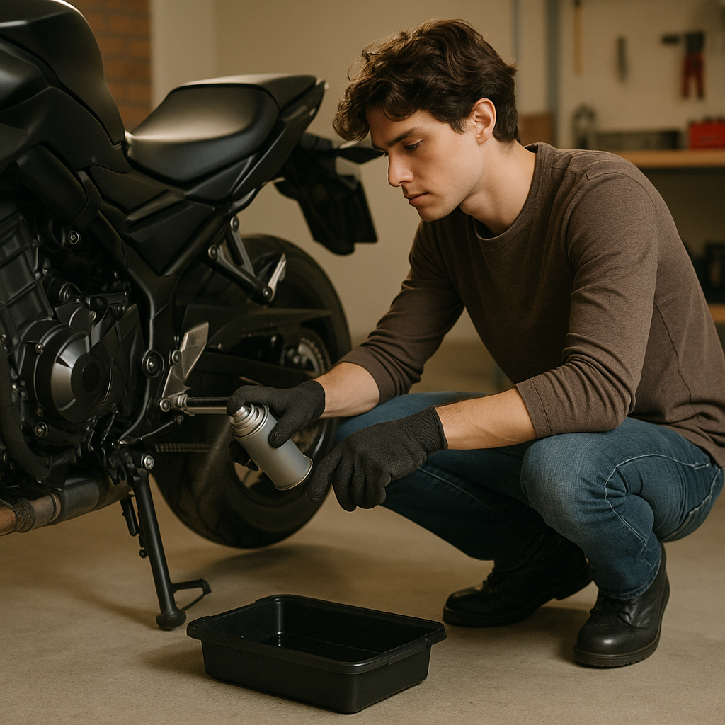 초보자가 바이크를 셀프 정비 중인 장면