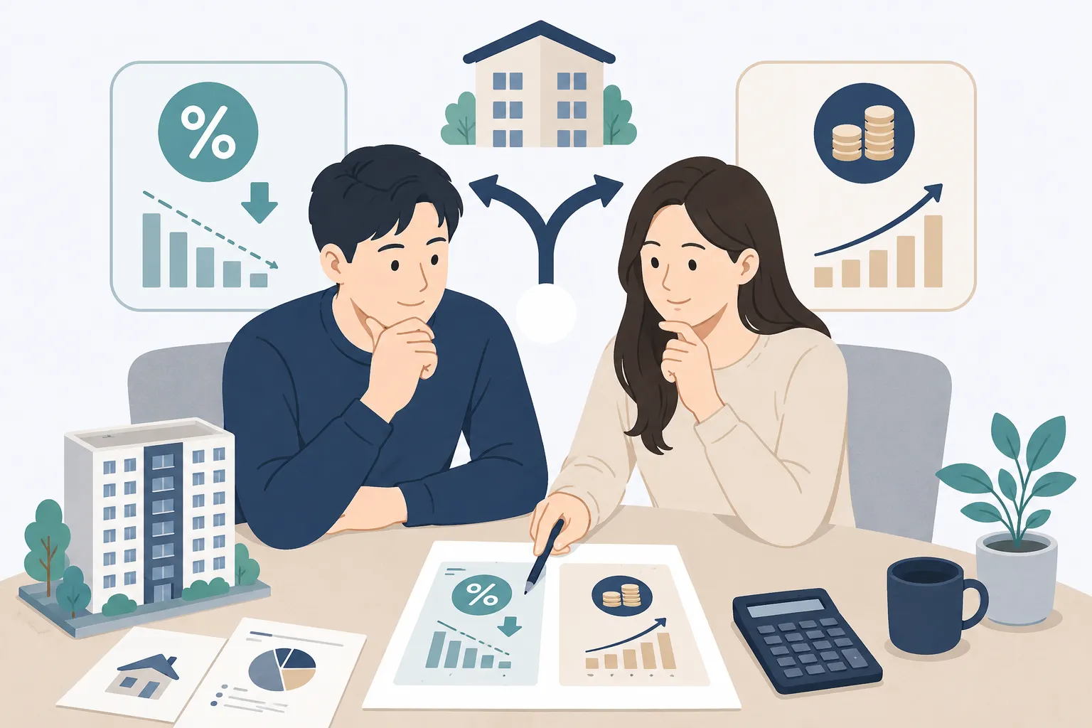 신혼부부 디딤돌대출 보금자리론 선택 전 낮은 금리와 필요한 자금 규모를 함께 비교하도록 설명한 이미지