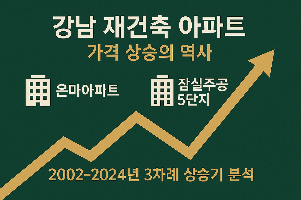 강남 재건축 아파트 가격 상승 역사 완벽 분석 - 은마아파트 잠실주공5단지 2002-2024년 3차례 상승기 분석 인포그래픽"