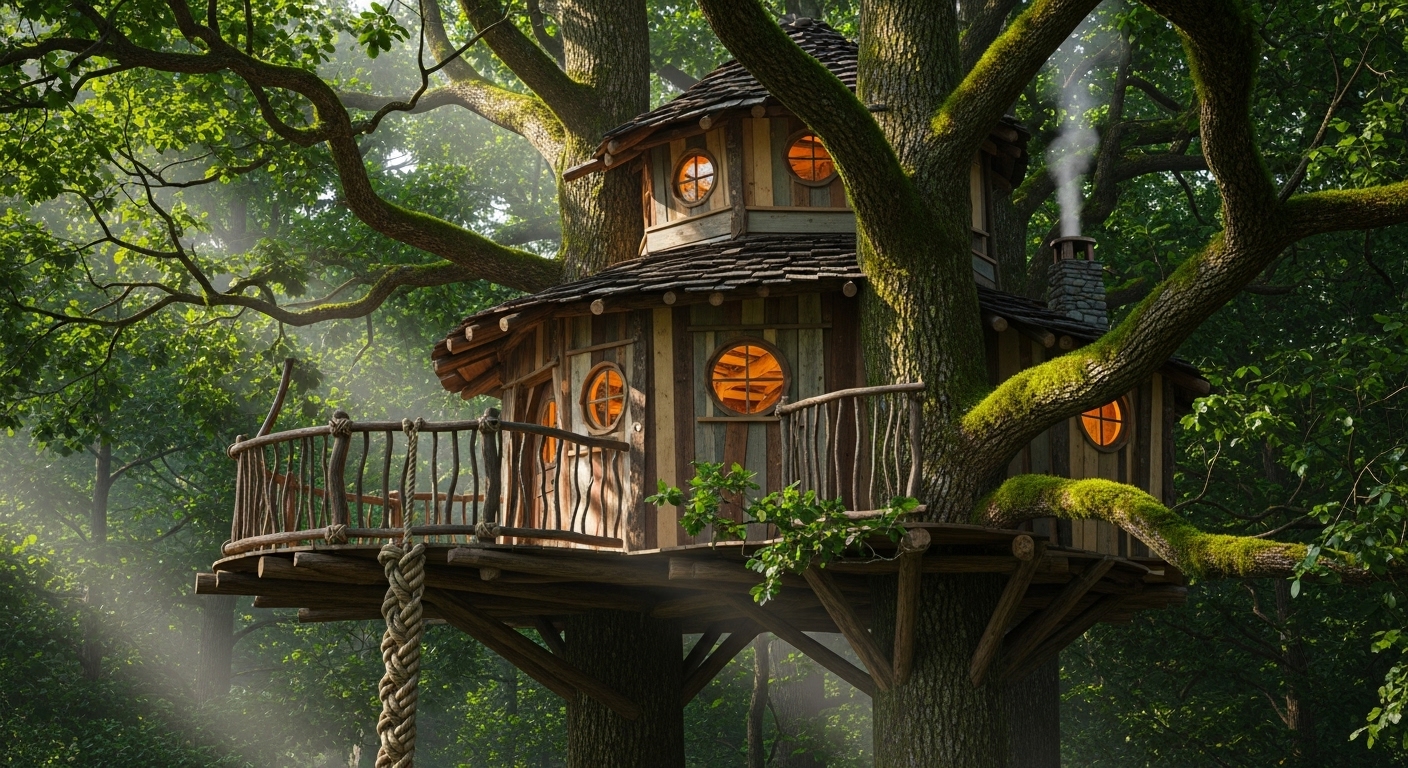 울창한 숲 속에 지어진 동화 같은 트리하우스. 아이들이 꿈꾸는 특별한 숲 속 숙소의 모습을 보여준다.