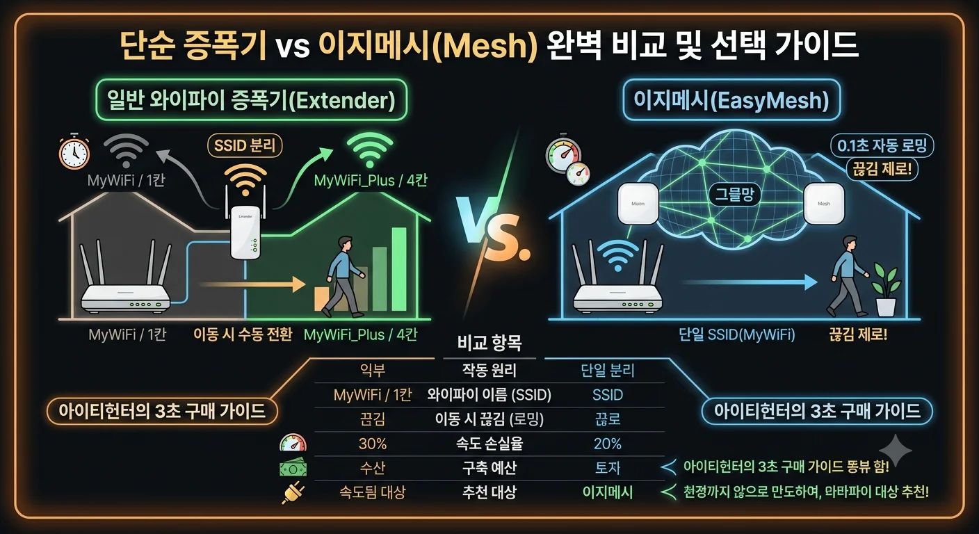 와이파이 증폭기 확장기 vs 이지메시 EasyMesh 로밍 기술 및 속도 차이 비교표