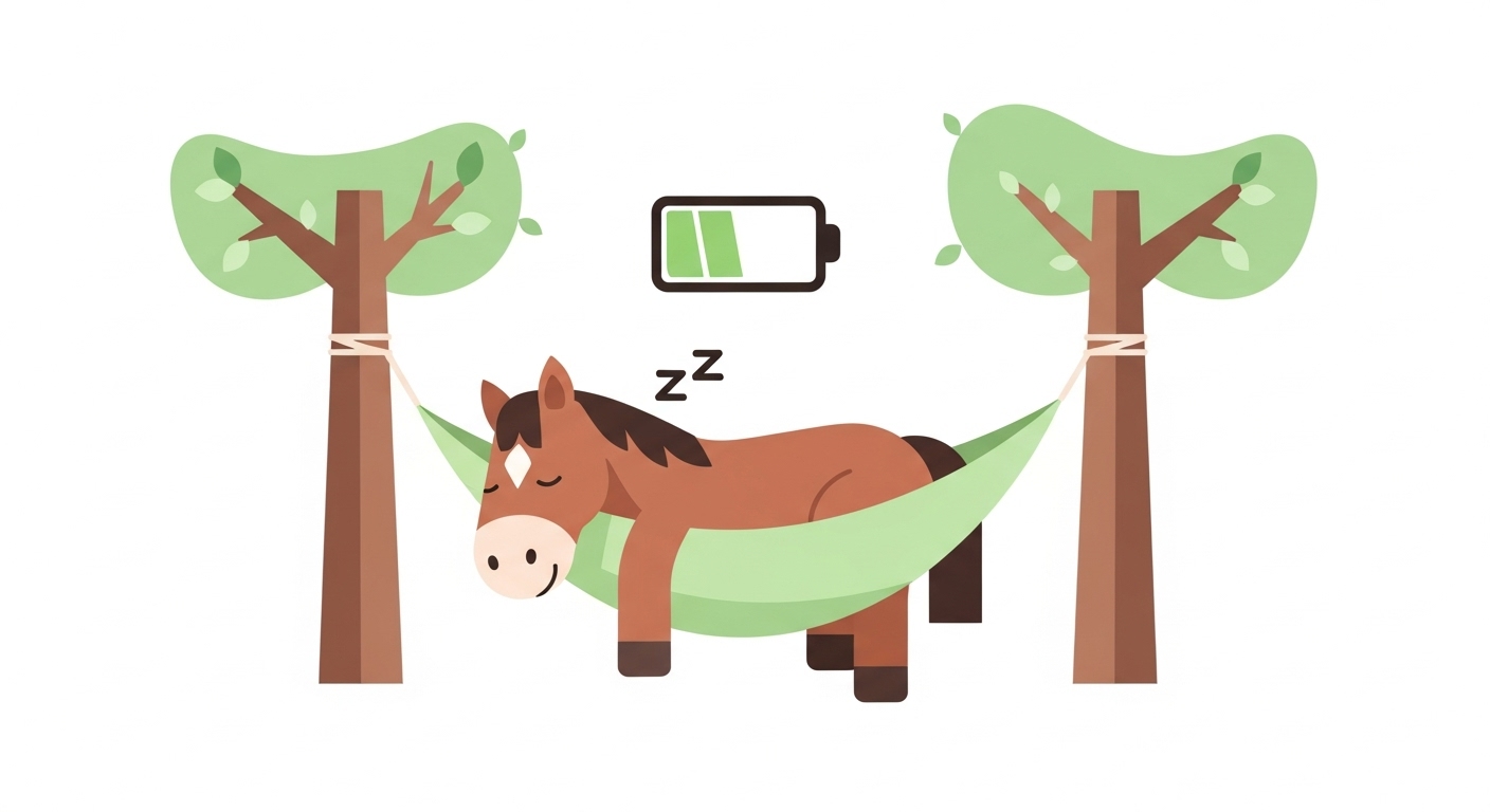 나무 그늘 아래 해먹에서 편안하게 잠을 자며 에너지를 충전하는 말 캐릭터 일러스트