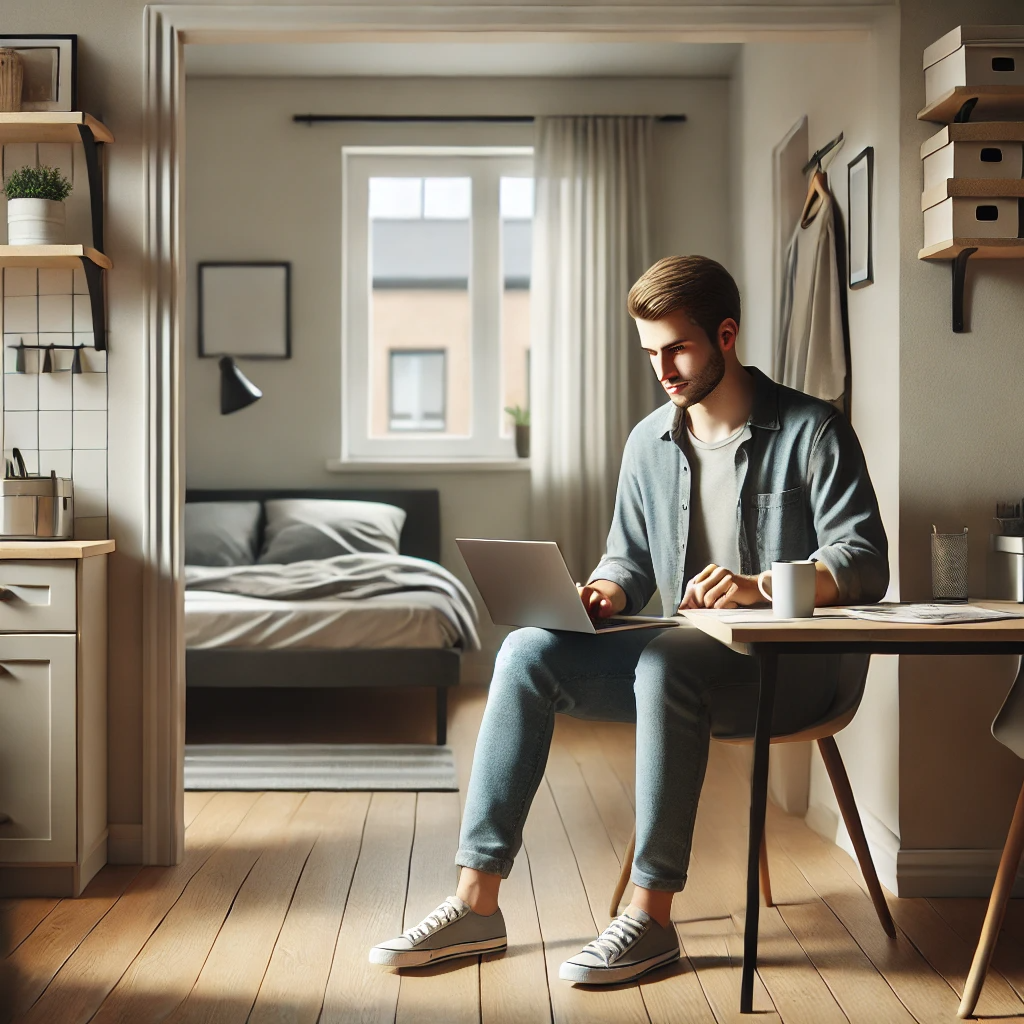 작은 원룸에서 월세와 생활비를 계산하는 20대 청년의 현실적인 모습