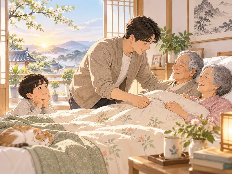 Warm family illustration showing an adult child covering elderly parents with a blanket while a young grandchild watches, symbolizing filial piety, family care, and values passed through generations.