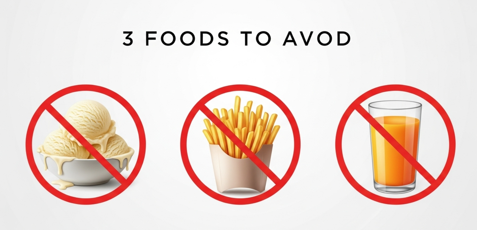 아이스크림&middot;감자튀김&middot;과일주스가 건강한 다이어트와 내장지방 관리에 불리함을 알리는 카드형 이미지