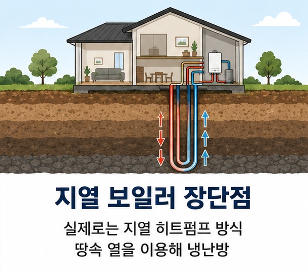 주택 아래의 지중열교환기와 히트펌프를 통해 흔히 지열보일러라고 부르는 설비가 땅속의 열을 이동시켜 냉난방하는 지열 히트펌프 시스템임을 보여 주는 그림