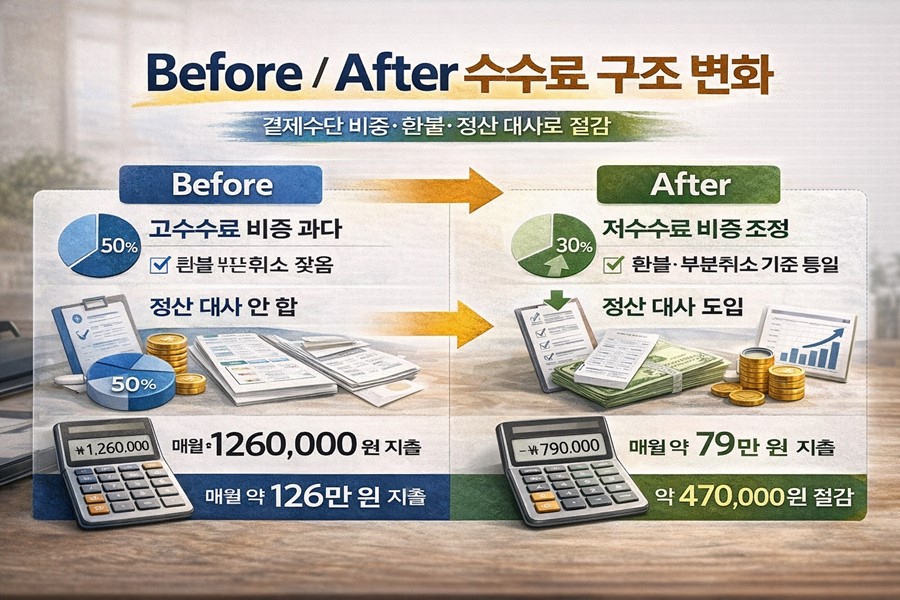 결제수단 비중과 환불 처리 방식, 정산 대사 유무에 따라 Before와 After의 결제 수수료 총비용이 어떻게 달라지는지 비교한 인포그래픽입니다.