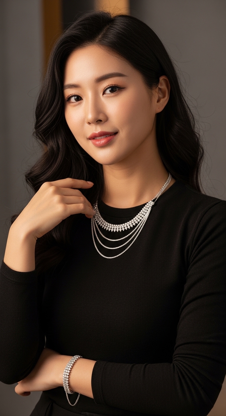 검은색 옷 위에 반짝이는 실버 목걸이와 팔찌가 강조된 사진