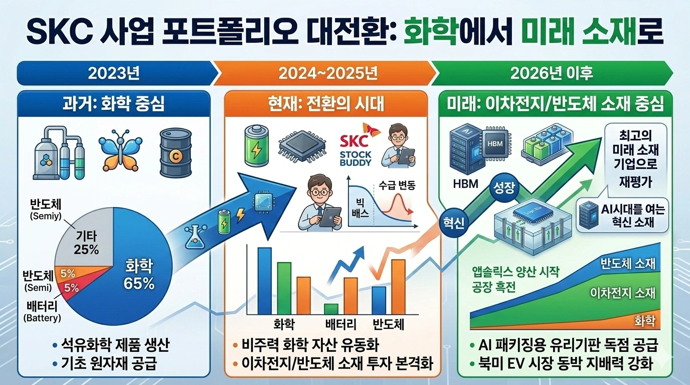 SKC의 사업 구조 변화를 보여주는 인포그래픽. 2023년 화학 중심(65%)에서 2026년 이후 이차전지 및 반도체 소재(유리기판 등) 중심으로 포트폴리오가 대전환되는 로드맵과 매출 비중 변화 추이 설명.