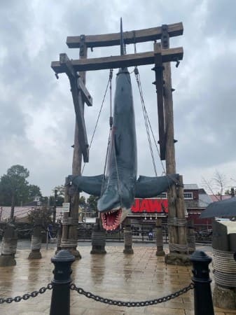 죠스 모양의 구조물이 나무에 매달려 있다