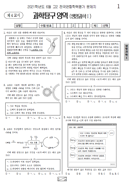 2021-6월-고2-모의고사-생명과학 1-기출문제-다운