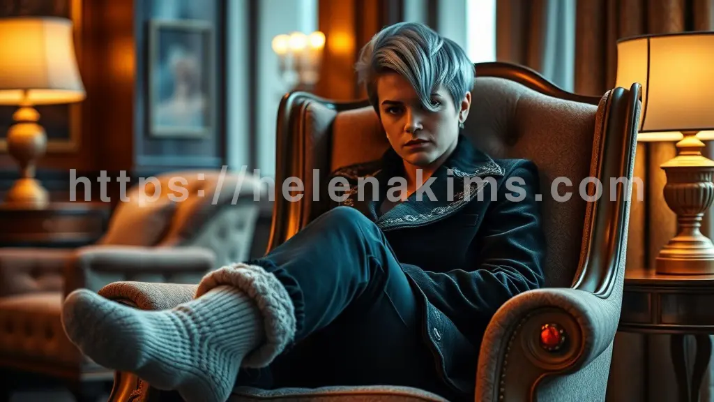 한 여성이 양말을 신고 거실 의자에 앉아 있는 모습.