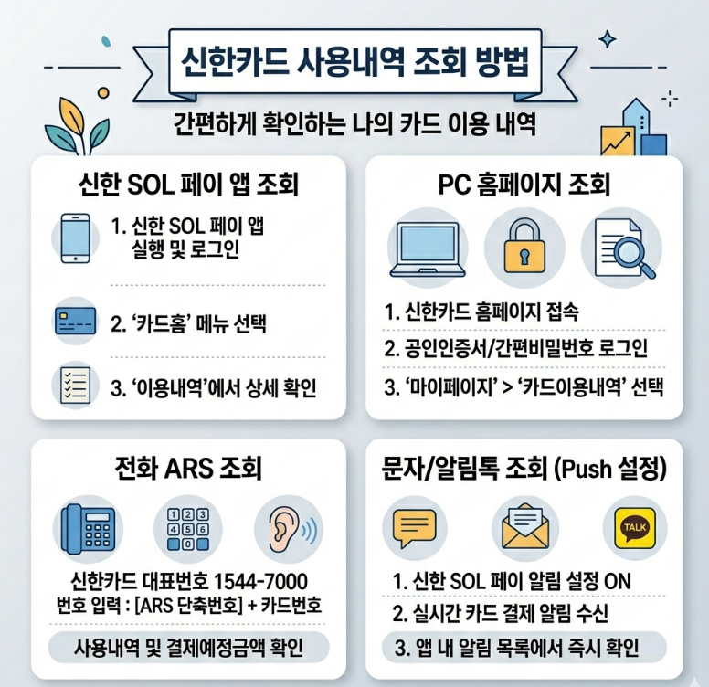 신한카드 사용내역 조회 방법: 앱&middot;홈페이지&middot;알림 인포그래픽