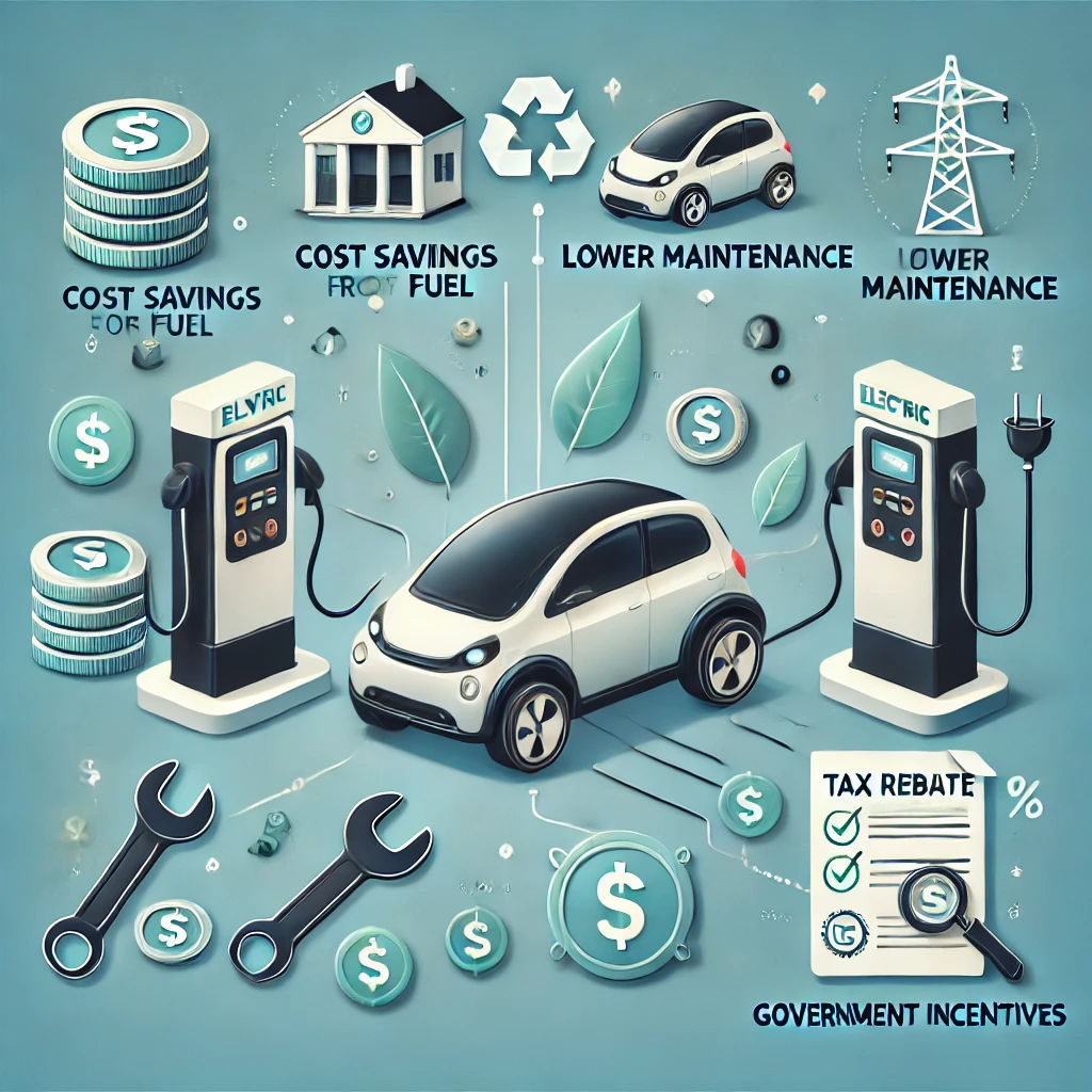 전기차가 충전소에서 충전 중이며, 주위에 연료 비용 절감, 낮은 유지비, 정부 혜택을 나타내는 동전, 렌치, 세금 공제 문서 아이콘들이 떠 있는 모습.