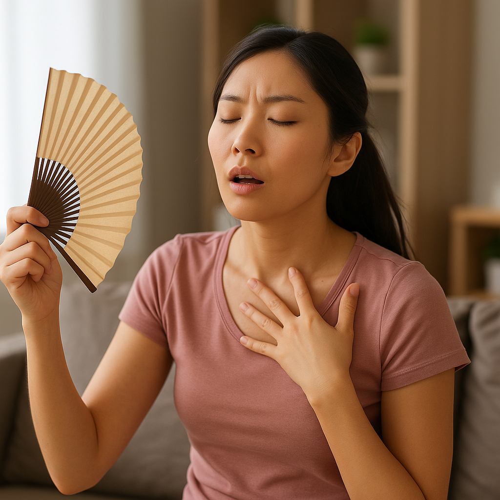 여성이 더위에 부채질하는 모습 이미지