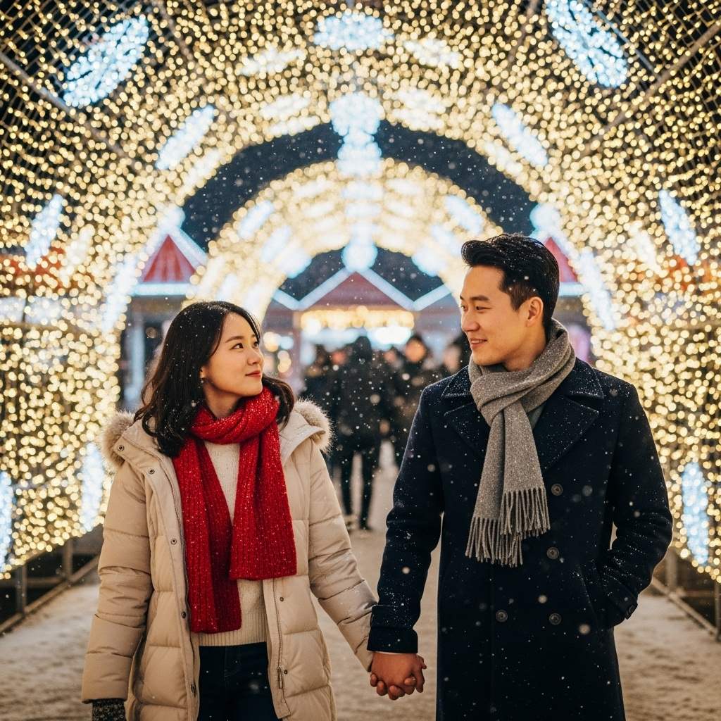 서울윈터페스타 청계천&amp;#44; 불빛터널 속을 걷고 있는 연인