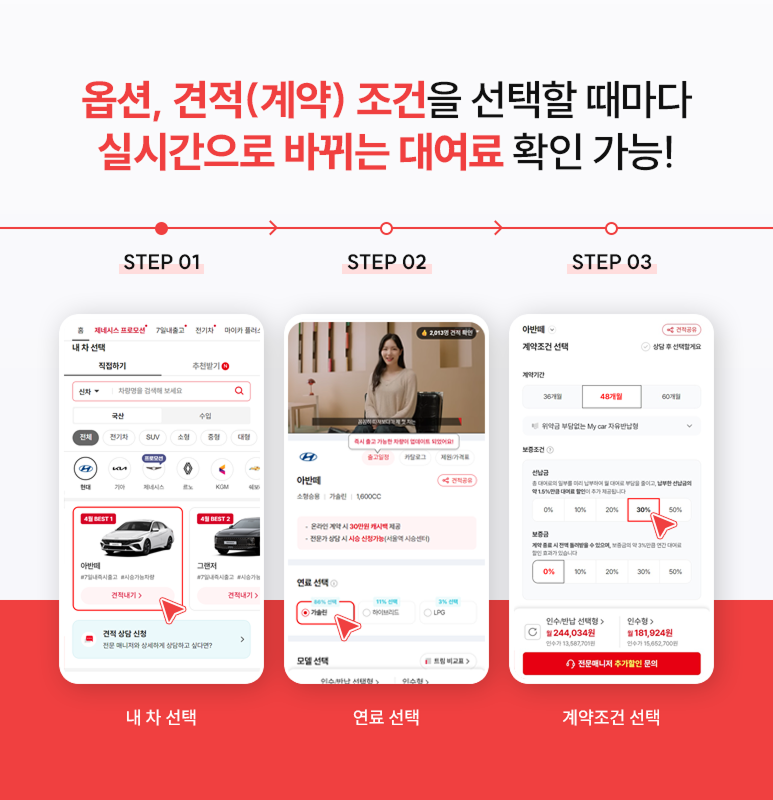 롯데렌터카 마이카에서 차량·연료·계약 조건을 선택하고 실시간 월 대여료를 확인하는 화면