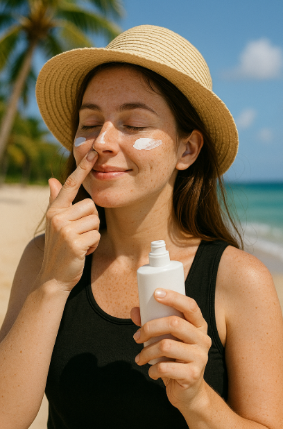 선크림 바르고 있는 여성 사진