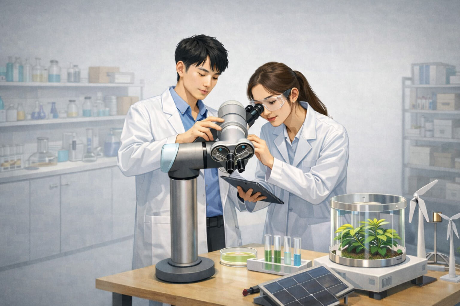 젊은 연구자 두 명이 로봇과 현미경 장비를 활용해 AI 바이오 로봇 분야 연구를 진행하는 심플한 실험실 일러스트