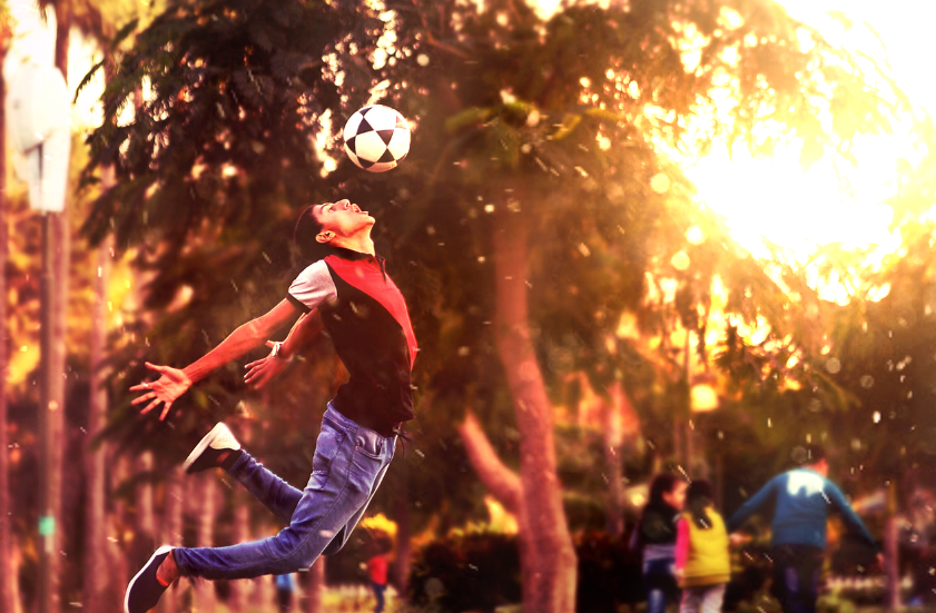 남성이 헤딩을 하기 위한 도약