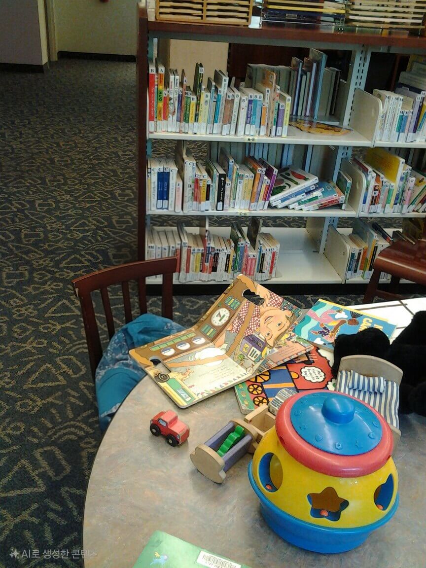 아이들 키에 맞춘 낮은 책장과 장난감들이 있는 어린이 전용 공간