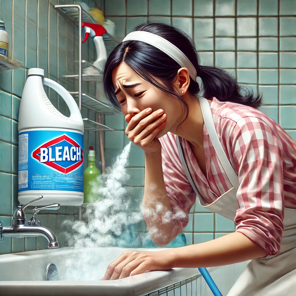 락스를 이용해 화장실 청소하던 주부가 락스의 유해성으로 호흡곤란 온 이미지