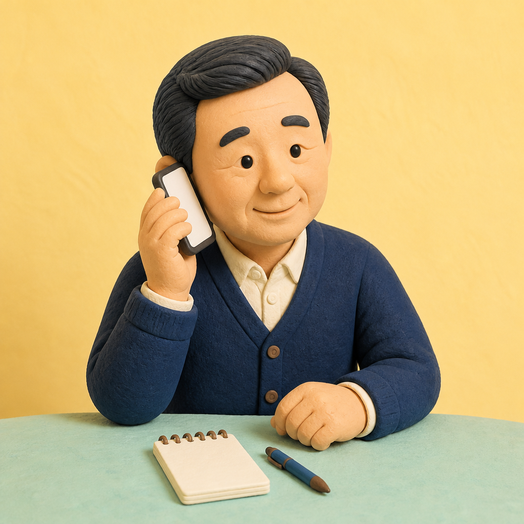 부엌 식탁에 앉아 메모지를 옆에 두고 통화하는 중년 남성