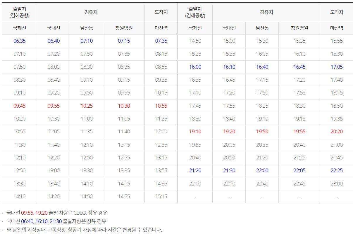 김해공항 리무진버스 노선표