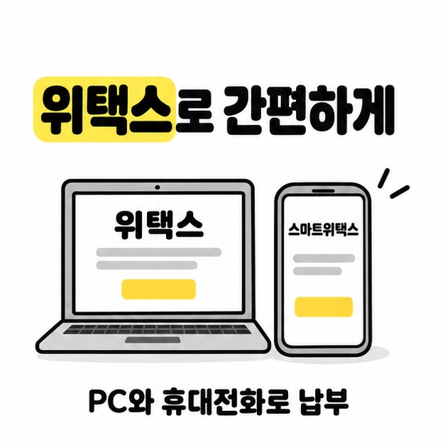 PC와 휴대전화 그림으로 위택스 및 스마트위택스 납부 경로를 보여주는 카드