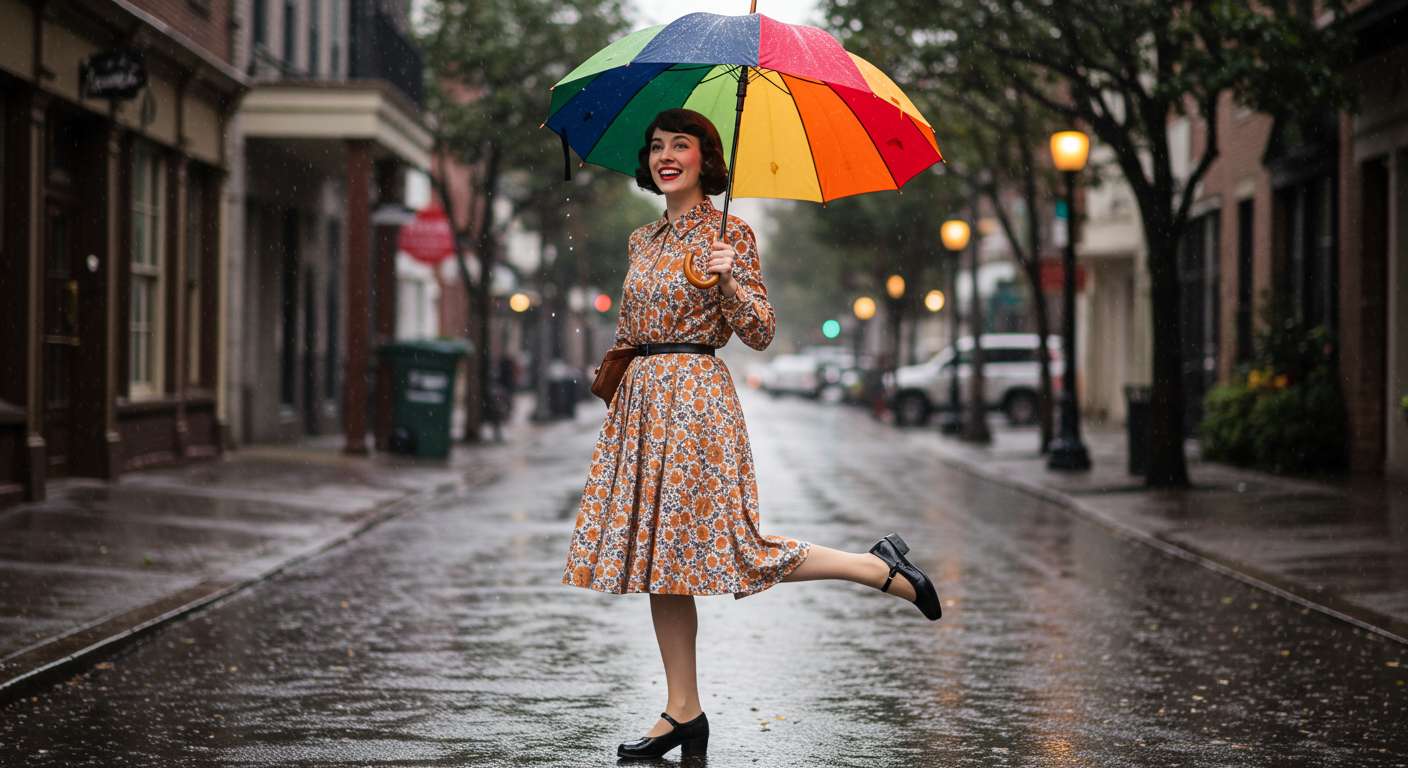 비 오는 거리에서 메리제인 슈즈를 신고 빈티지한 의상을 입은 인물이 '사랑은 비를 타고'의 장면을 연상시키는 모습으로, 미소를 짓고 있는 장면