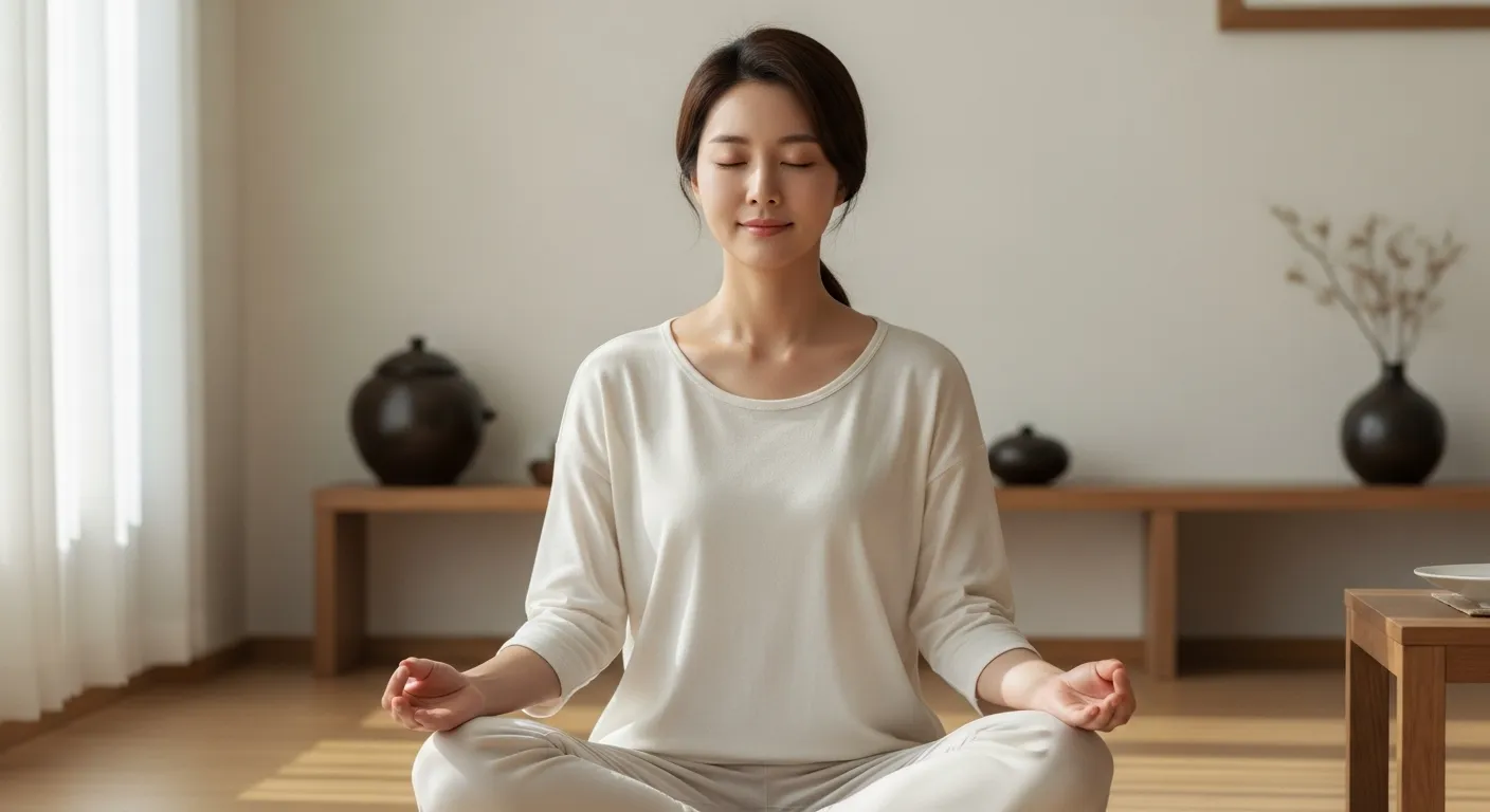 편안한 현대식 거실에서 명상하는 젊은 한국 여성의 모습.