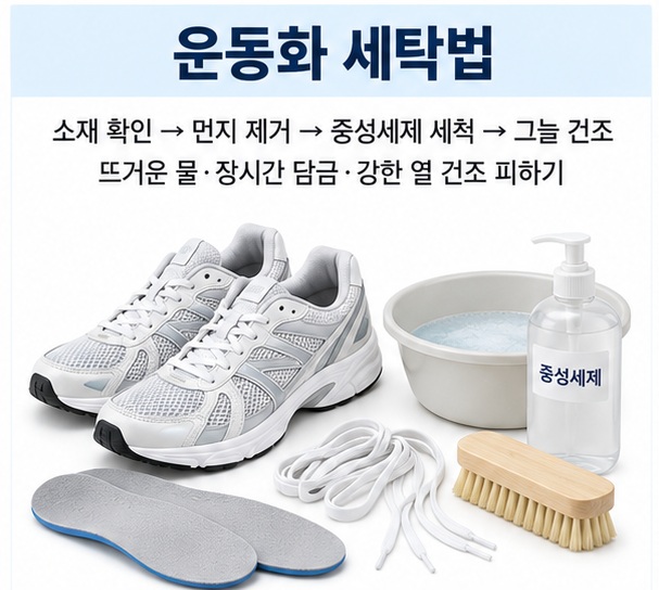 운동화 세탁법과 끈 깔창 분리 먼지 제거 중성세제 손세탁 그늘 건조 순서를 보여주는 생활 교육용 이미지