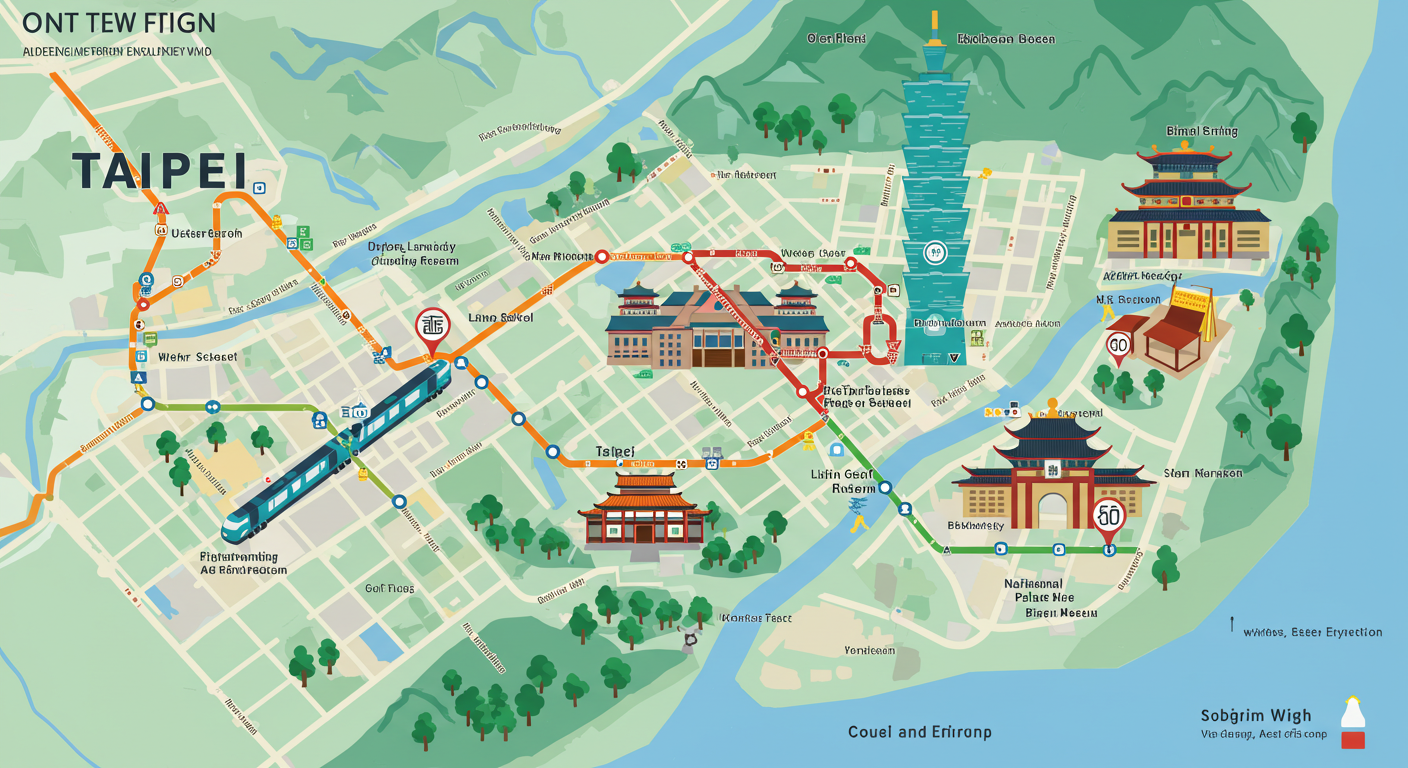타이베이 1일 여행 루트를 영어 지명으로 구성한 지도형 일러스트
