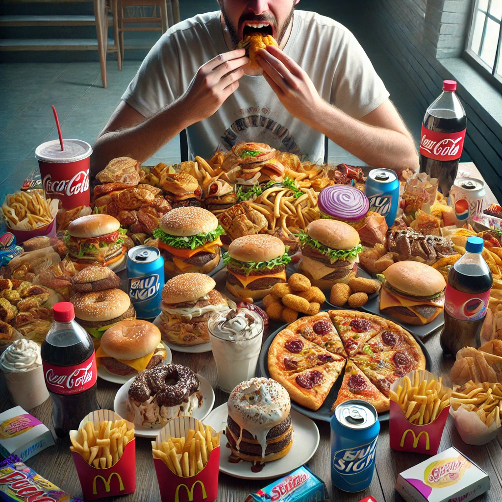 패스트푸드등으로 과도한 칼로리 섭취를 하는 사람의 이미지