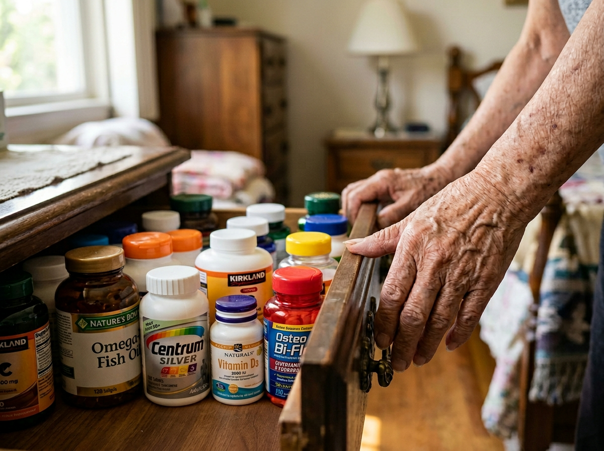 노인 영양제 추천 종류 확인하는 모습