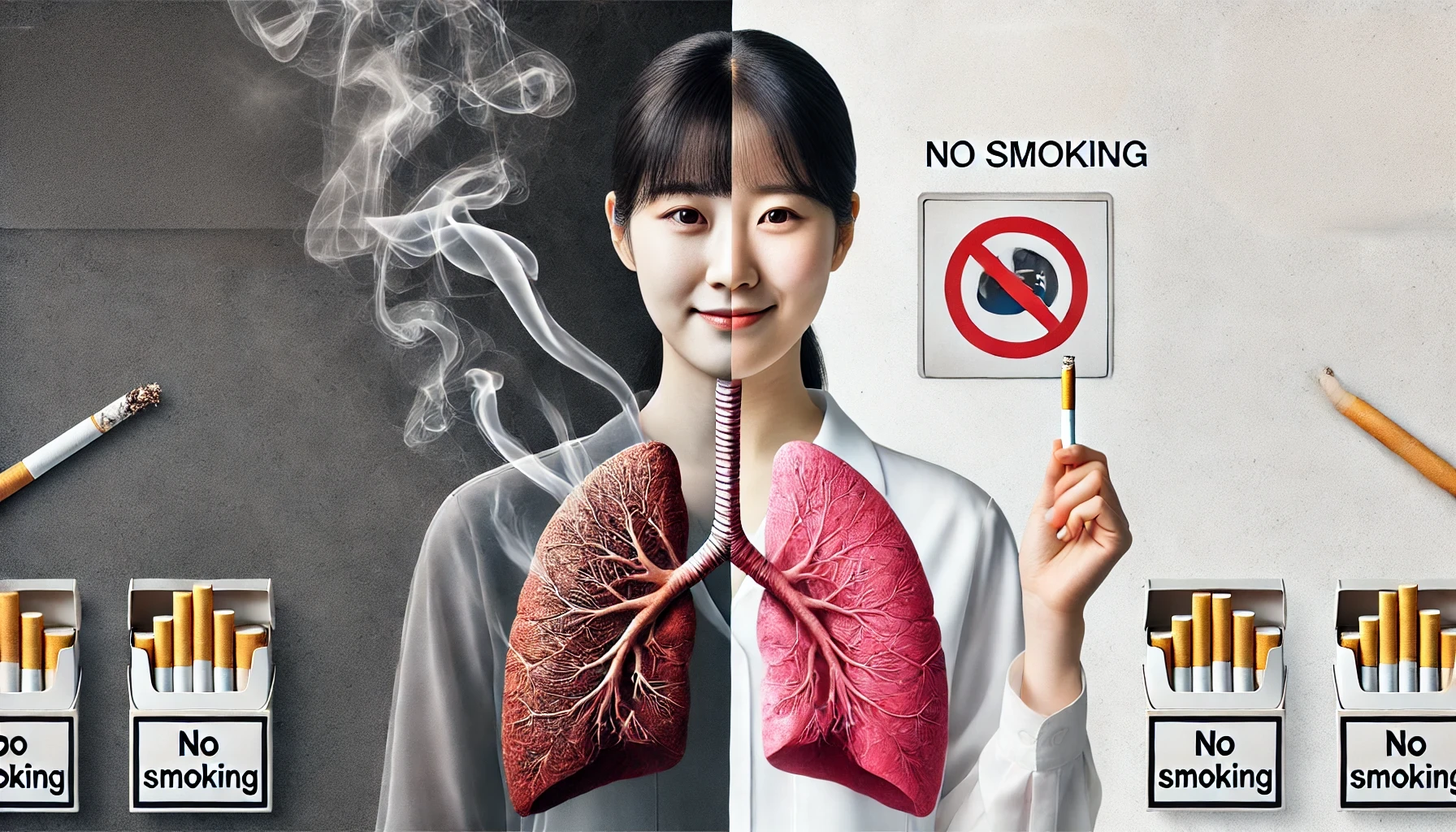 담배 연기 속에서 폐 일러스트가 점점 어두워지는 이미지 또는 금연을 실천하는 사람의 모습