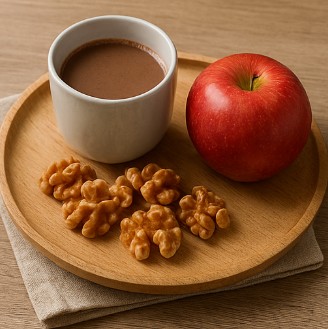 무가당 코코아 한 컵과 호두, 사과 한 개가 놓인 접시