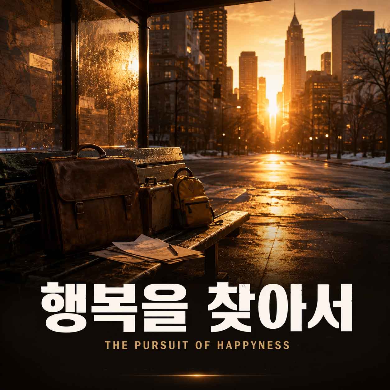 영화 행복을 찾아서를 표현한 노을빛 도시 거리와 버스 정류장에 놓인 여행 가방과 서류 이미지