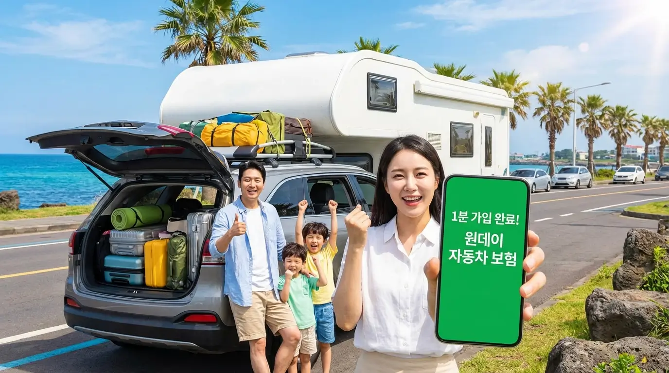 휴가철 차량 앞에서 스마트폰 앱으로 1분 만에 원데이 자동차 단기 보험 가입을 완료하는 모습