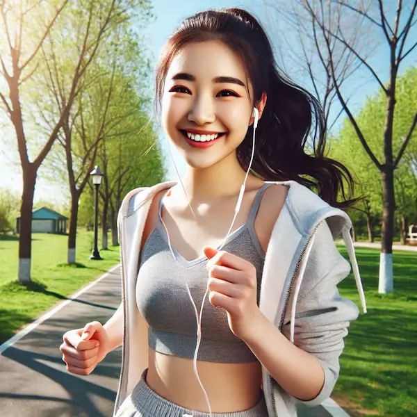 봄 공원에서 조깅하며 활기찬 모습을 보이는 동양인 여성