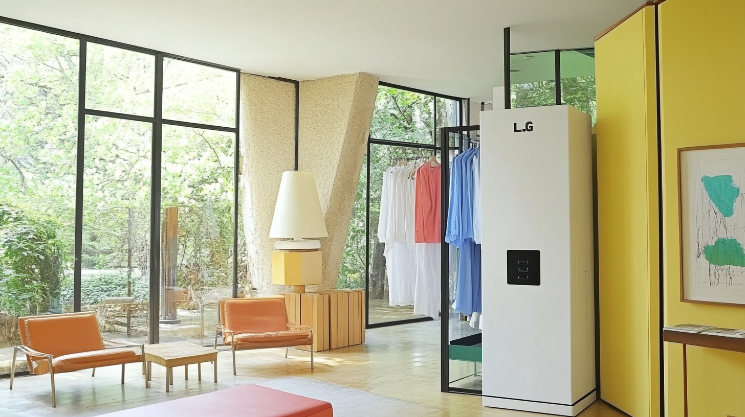 현대적인 가정 내부에서 LG 워시타워의 스팀 살균 기술을 통해 옷의 주름을 제거하는 장면을 보여주는 이미지입니다.