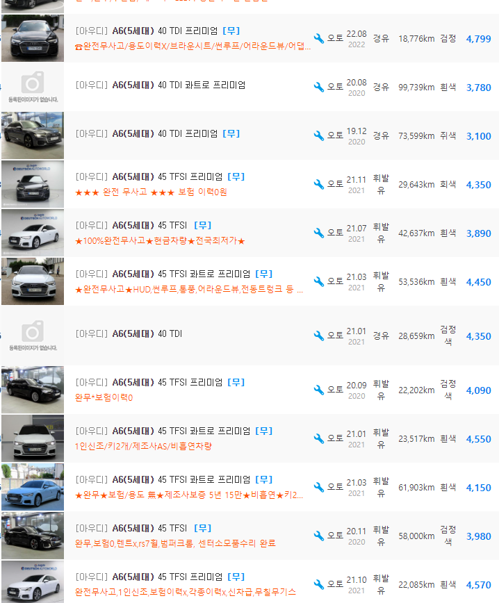 아우디 A6(C8) 등급 중고차 가격 : &#44;3099만원 ~ 5&#44;800만원