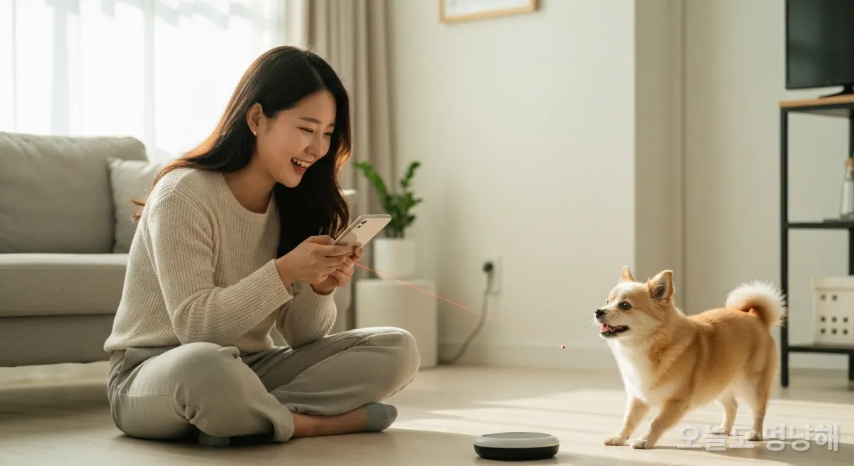거실에서 스마트 레이저 장난감으로 강아지와 놀아주는 젊은 한국인 여성