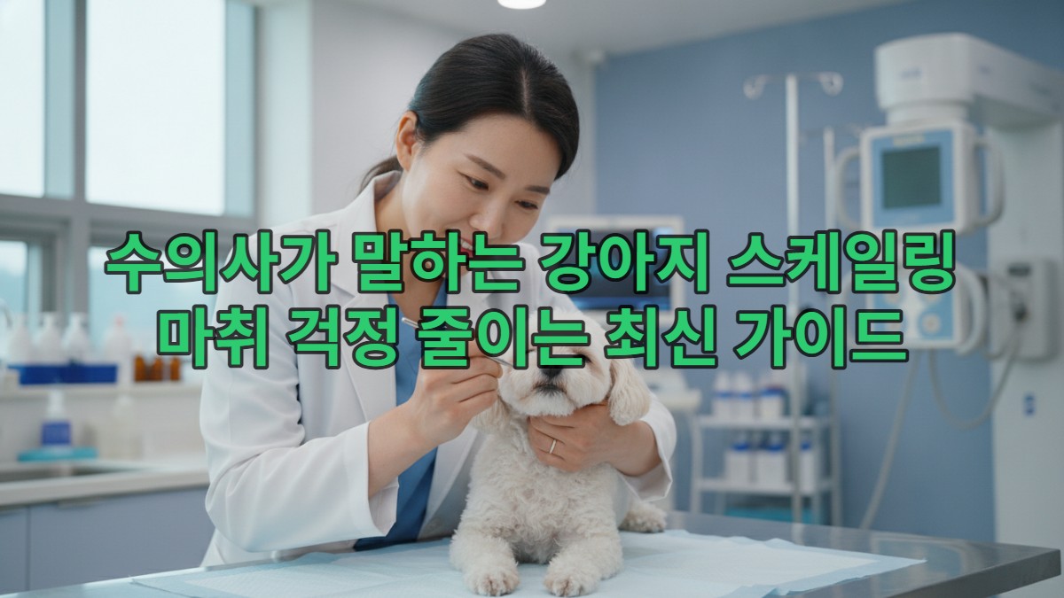 수의사가 작은 강아지의 치아 상태를 부드럽게 확인하며 스케일링의 필요성을 설명하는 모습