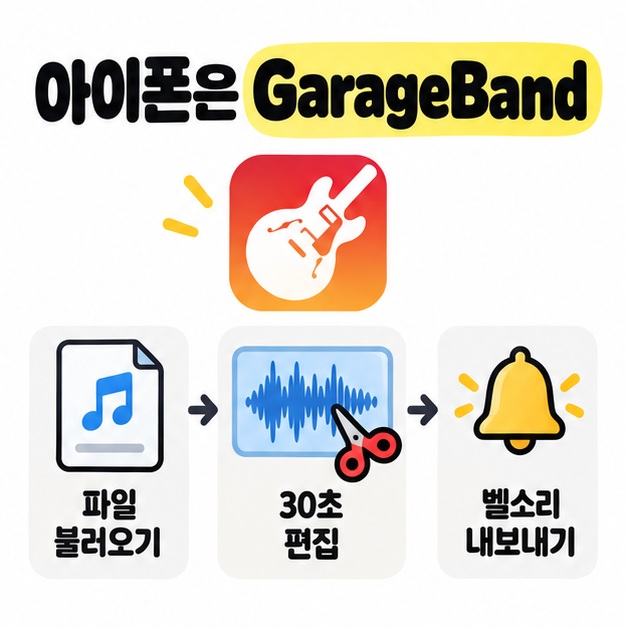 아이폰 GarageBand에서 오디오를 불러와 30초 이내로 편집하고 벨소리로 내보내는 과정을 보여주는 카드