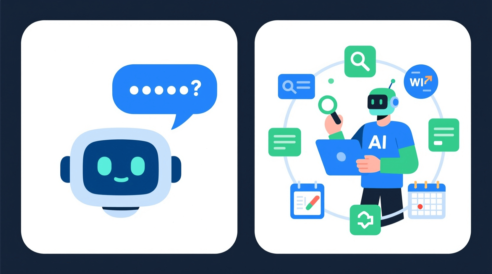 챗봇과 AI 에이전트의 차이를 보여주는 비교 다이어그램