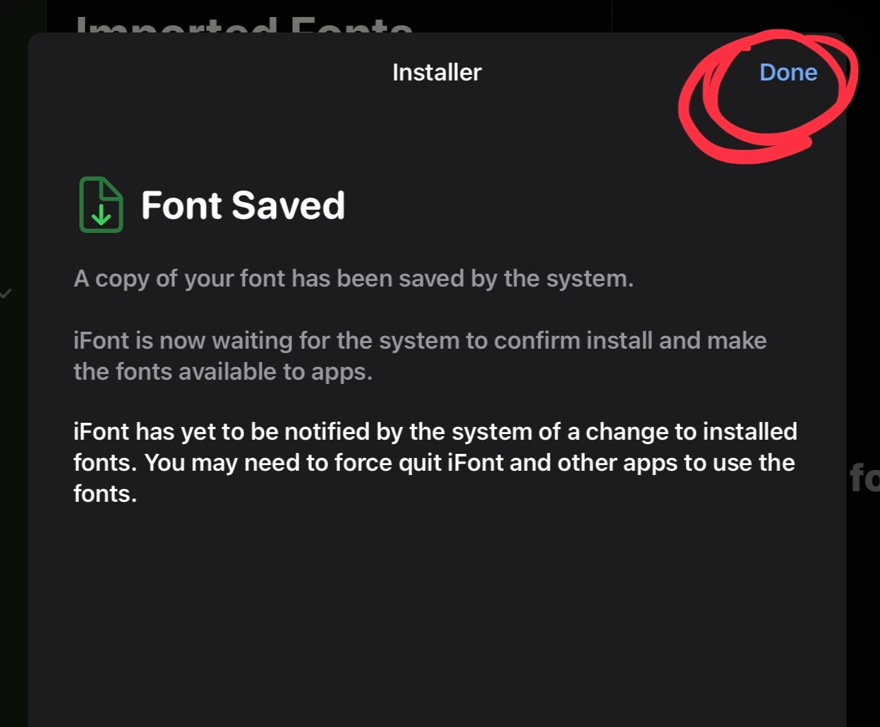 iFont 앱에 돌아와 Done에 동그라미 표시를 한 사진입니다.