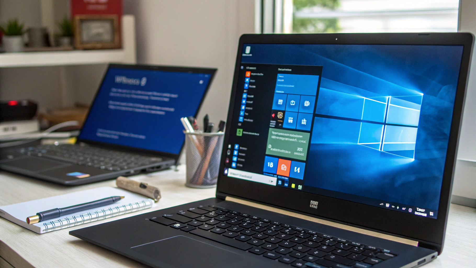 밝은 실내 책상 위에 노트북 두 대가 놓여 있으며, 전면의 노트북은 Windows 10 바탕화면과 시작 메뉴가 켜진 상태이고, 배경의 다른 노트북은 파란색 Windows 업데이트 화면을 보여주고 있음. 책상에는 펜과 수첩, USB 드라이브, 펜꽂이 등이 놓여 있어 사무나 재택근무 환경임을 암시함